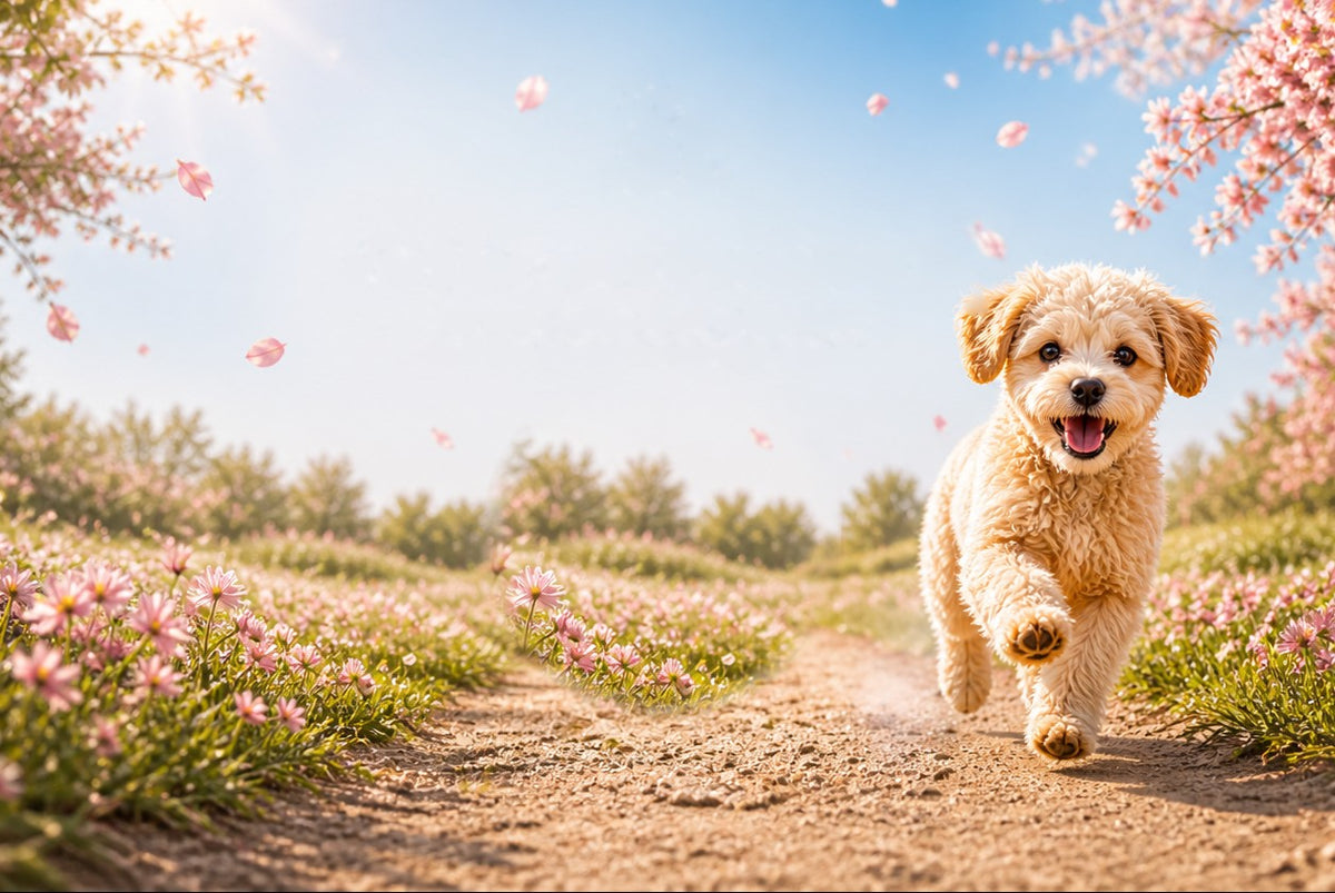 Hund som løper på en sti mellom blomster – Potehjem
